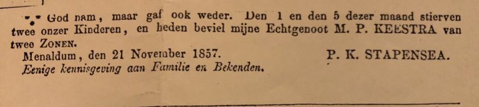 Overleden aan de tyfus waarschijnlijk. De tweeling waren Pieter en Minne (betovergrootvader)